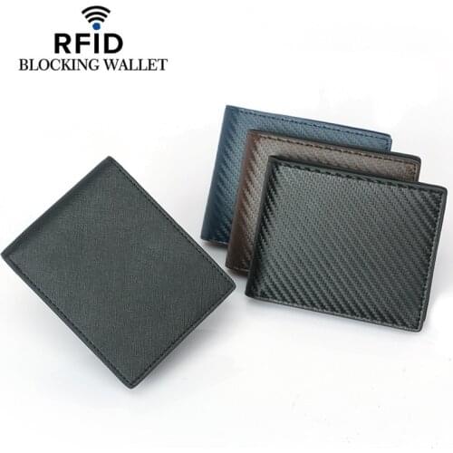 Fashion Men Mini Business PU Leather RFID Blocking Wallet Male Carbon Fiber Credit Card Coin Holder Clutch Bifold Pocket Purse