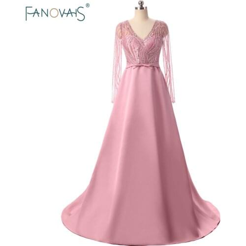 New Arrival Pink Evening Dresses Long Sleeves 2019 Plus Size Prom Dresses Luxury Beaded Sequin Satin Evening Party Gown IDE21
