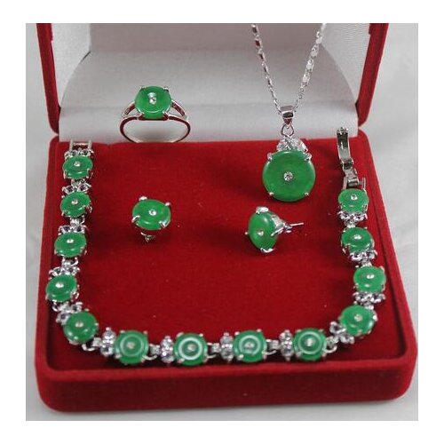 New design! wonderful green fine jade bracelet earrings ring & pendant set