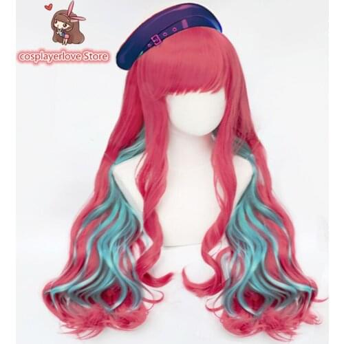 Paradox Live Anne Faulkner Long Curly Pink Blue Mixed Synthetic Hair Headwear for Cosplay Halloween Carnival Costume