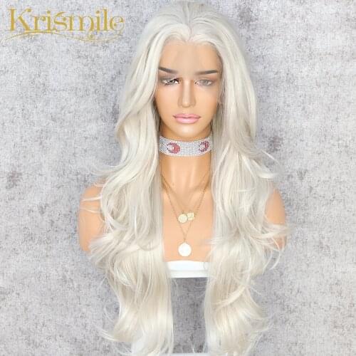 Krismile Lace Front Synthetic Wigs Ash White Long Wave Wig High Temperature Party Cosplay Daily for Women Daily Celebrity
