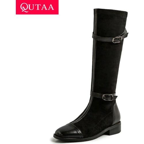 QUTAA 2021 Women Knee High Boots Square Heel PU Leather Winter Keep Warm Short Boots Buckle Lace Up Women Shoes Size 34-43