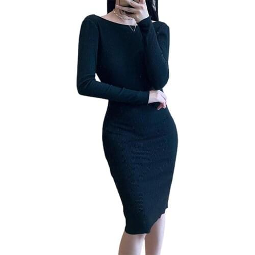 Ropa mujer woman dress Sexy Women Solid Color Long Sleeve woman dress Chain Backless Party Bodycon Knitted Dress vestido de muje