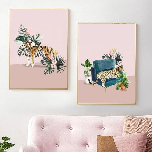 Nordic poster printing wall art oil painting watercolor tiger cheetah monster leaf painting living room home decoration