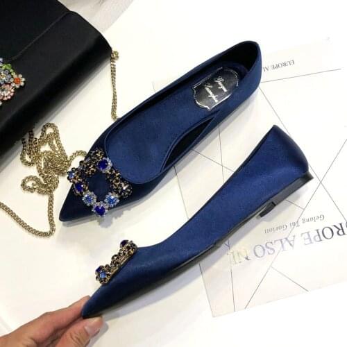 Silk Fabrics Women Flat Fashion Crystal Slip-on Shoes Female High Quality Pointed Toe Women Wedding Dress Shoe Size 34-45