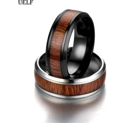 Uelf Men Rings Stainless Steel Wood Grain Fashion Women Rings Male Jewelry Gifts