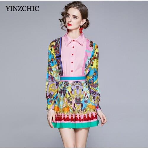 Spring Woman Print Suit Vintage Slim Blouse Skirt Sets Summer New Ladies Shirt + Pleated Short Skirts for Party