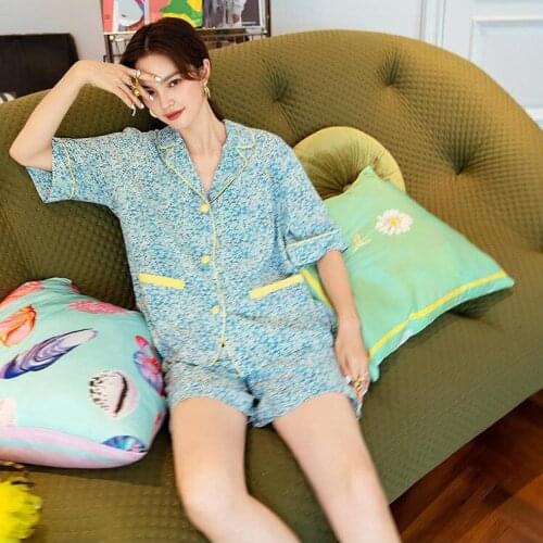 Blue Faux Silk 2PCS Pajama Sets Ladies Sweet Flower Print Home Clothes Summer New Pyjamas Casual Nightwear With Pocket Sleepwear