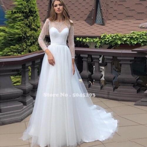 Elegant Wedding Dress 2021 Long Sleeve Sweep Train Lace Tulle Sash Bridal Gowns Robe Mariee Gorgeous Vestido De Novia Undefined