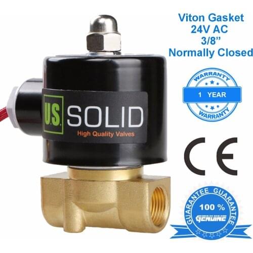 U.S. Solid 3/8" Brass Electric Solenoid Valve 24V AC Air, Water, Fuel Normally Closed, CE Certified