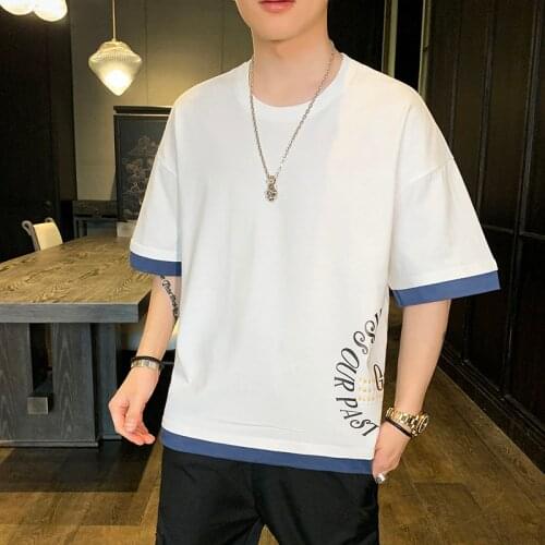 White O-Neck Fake Two Pieces Youth Cotton Summer Short-Sleeved T-Shirt Casual Loose Letter Printing Men&Women all-match T-shirt