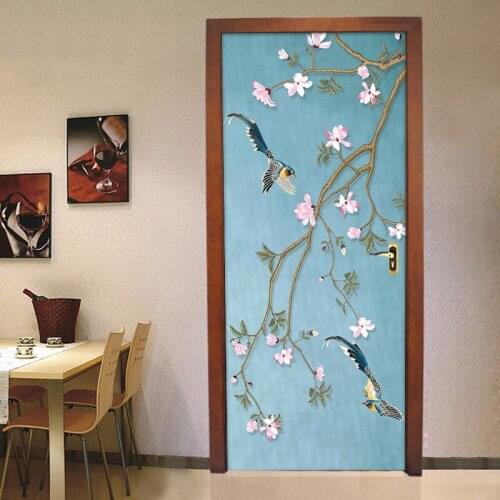 Door Sticker Chinese Style Flower Bird Mural Waterproof Self-adhesive Vinyl Wall Paper For Living Room Bedroom Door Decoration