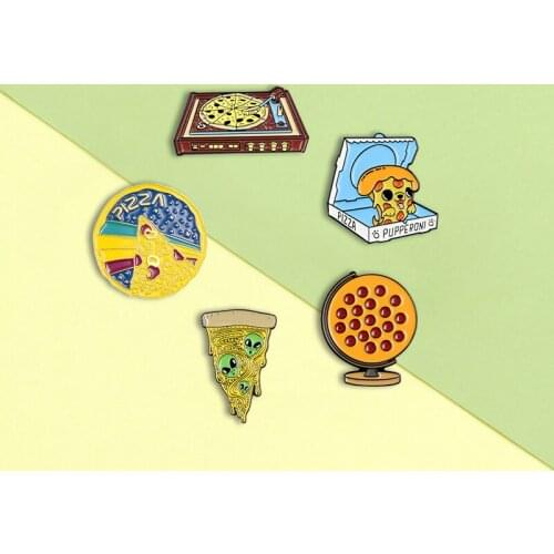 Pizza series Pins Dog Alien Rocket Globe Record Player Enamel Metal Pins Brooches Badges Lapel Clothes Pins Women Jewelry Gifts