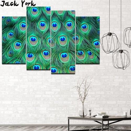 Canvas Painting Peacock Color Wallpaper 4 Pieces Wall Art Painting Modular Wallpapers Poster Print Home Decor free shipping