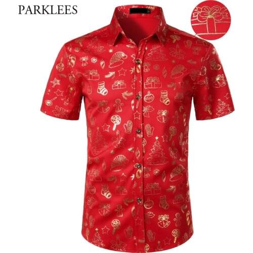 Gold Bronzing Christmas Men Shirt Christmas Hat Cartoon Printed Mens Fashion Shirt Button Up Men Dress Shirts Camisas Hombre USA