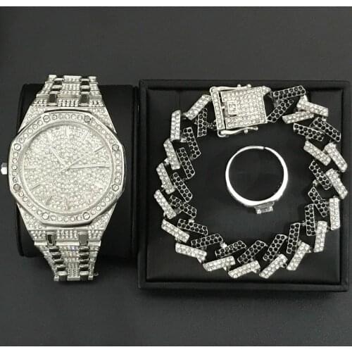 Men Luxury Watch Hip Hop Bracelet Crystal Miami Cuban Chain Gold Color Adjustable Ring Ice Out Cuban Watch Hip Hop For Men