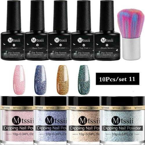 10PCS Dip Powder Set Nail Kit Glitter Holographic Powder Nail Art Decorations For Natural Dry Nails Dust No Need Cured Lamp