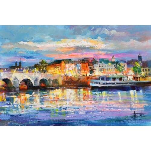 Wall art Landscapes oil paintings Canals Maas Bridge Maastrich Willem Haenraets artwork Abstract Village Hand painted on canvas