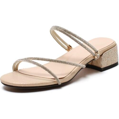 New Wild Women Shiny Slipper Summer Casual Crystal Rhinestone Beach mid heel Shoes Fashion Non-slip Outdoor Sandal Lady Slides