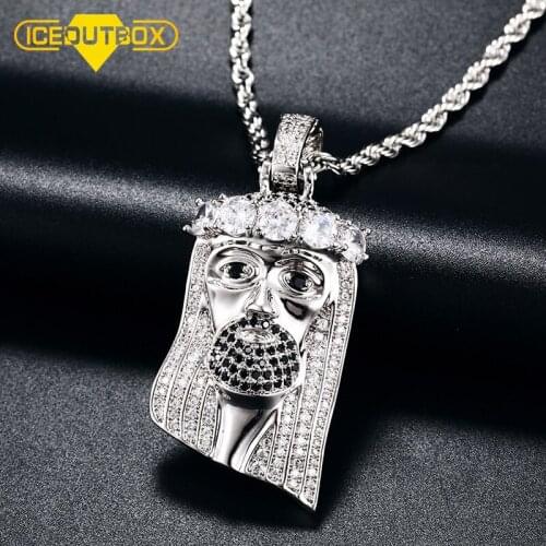 ICEOUTBOX Religious Jesus Head Pendant Necklace Micro Pave Iced Out White Black Cubic Zirconia Silver Color Men Hip Hop Jewelry