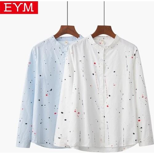 Casual Simple Stand Collar Womens Printed Shirt 2021 New Woman Print White Blue Long Sleeve Shirts and Tops Lady Clothes