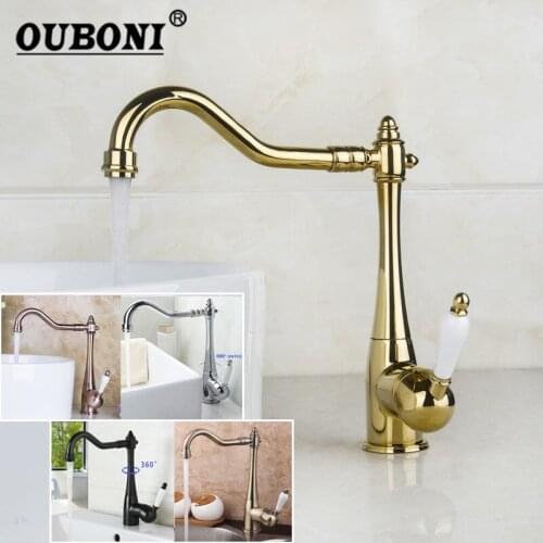 OUBONI Solid Brass 360 Swivel Golden Kitchen Faucets Rotate Black ORB Deck Mount Mixer Tap Bathroom Water Basin Mixer Tap Faucet