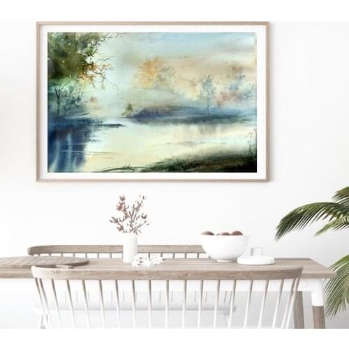 Misty Autumn Morning Foggy landscape Poster Canvas Print Watercolor Abstract Painting Wall Picture Living Room Wall Art Decor