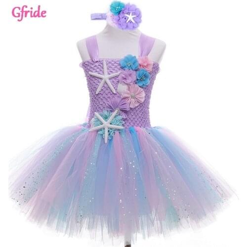 Little Girls Mermaid Tutu Dress For Child Birthday Party Dresses Kids Rainbow Flowers Tulle Dress Headband Mardi Gras Carnival