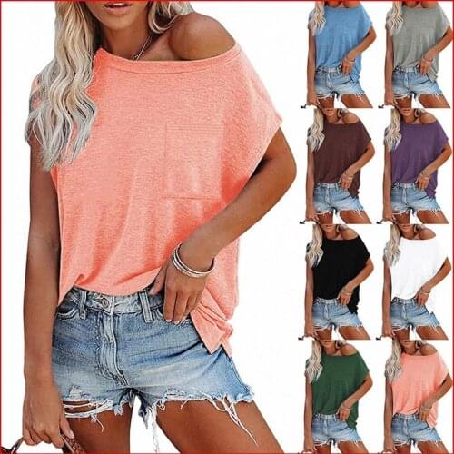 Casaul Off Sholder Pure Color Tops Women Short Sleeve O Neck Pocket Loose Tees Summer T Shirt Female Camisetas Mujer Pullovers