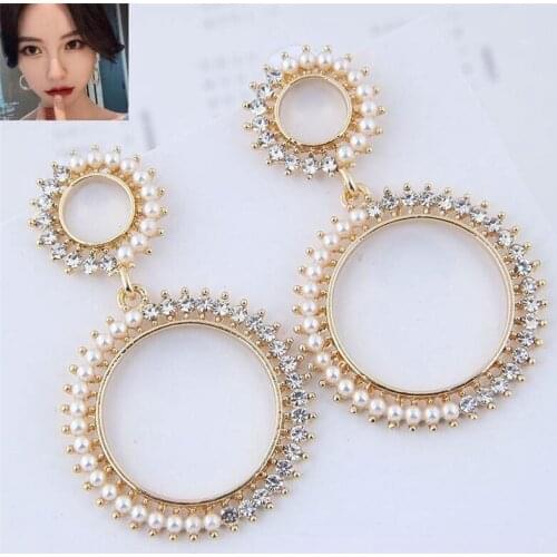 Circles Drop Earrings for Women Metal Dangle Earrings Pearls Rhinestone