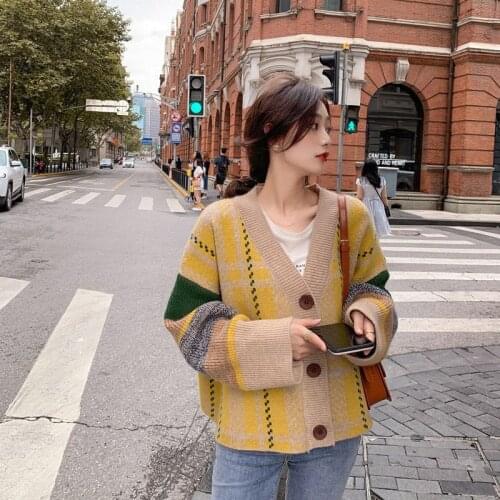 Retro colorblock check single-breasted cardigan sweater cardigan women cardigan cropped cardigan