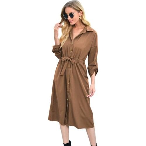 Female Turn Down Collar Dress Long Sleeve Bandage Button Women Shirt Dress Elegant Temperament Office Ladies Dresses