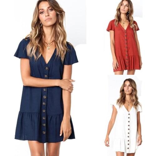 2021 Summer New Style Pleated Ruffled Mini Ladies Summer Dress Sexy V-neck Linen Button Short Loose Casual Dress