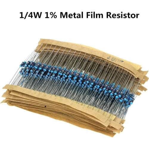 100pcs/lot 1/4W 0R~20M 1% Metal film resistor 100R 220R 1K 1.5K 2.2K 4.7K 10K 22K 47K 100K 100 220 1K5 2K2 4K7 ohm