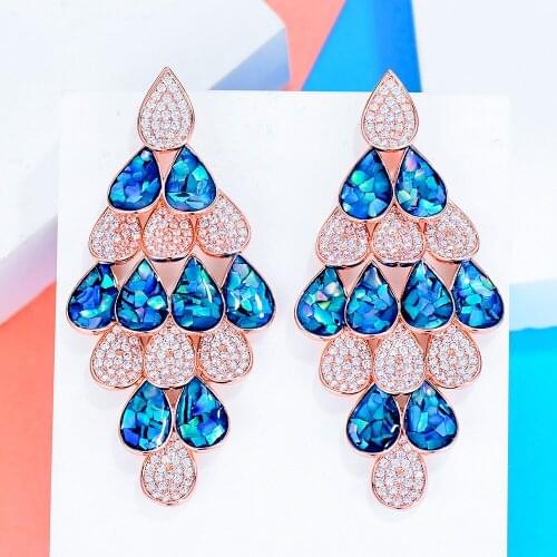 58mm Famous Brand Blue Shell Leaf Large Earring Full Mirco Paved Microl Zirconia Copper Earrings For Women Fashion Jewelry 2019