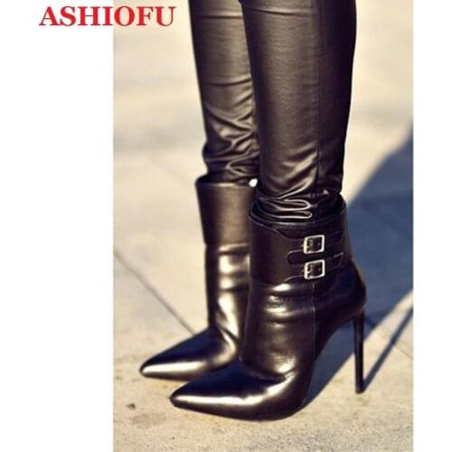 ASHIOFU Handmade New Ladies High Heel Boots Buckle Straps Party Sexy Ankle Boots Club Evening Fashion Short Boots Shoes