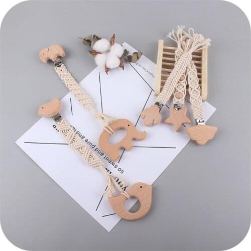 Baby Teething Soother Beech Wood Clip Cotton Rope Crochet Pacifier Chain DIY Dummy Nipple Holder Leash Strap