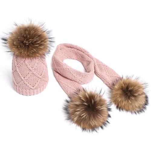 Childrens Autumn and Winter Knitted Hat Scarf Set Raccoon Raccoon Fur Ball Wool Brimless Sleeve Cap girls winter hats