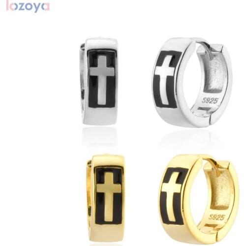 LOZOYA 925 Sterling Silver Gold 9mm Cross Rock Punk Gift Rock Enamel Black Huggies Women Luxury Loops Fine Jewelry Punk Jewels