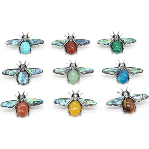 Wholesale Natural Paua Abalone Shell Pendants Lapis Lazuli Insect Bee Pin Brooches for DIY Necklace Dual Use Charm Accessories