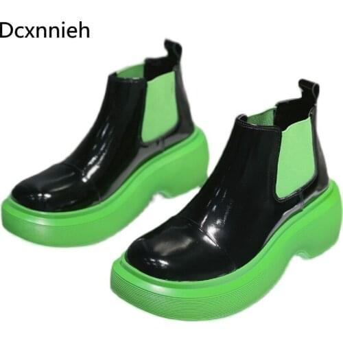 Autumn Green Thick Sole Ankle Boots Woman Round Toe Real Leather Lace Up Chelsea Boots Woman Motorcycle Boots for Woman 2021
