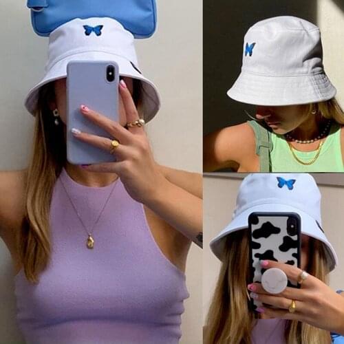 Butterfly Embroidery Bucket Hat Women Stylish Cotton Panama Hats Fashion Brand Butterfly Female Girls Summer Sunhat Bob Hat HOT