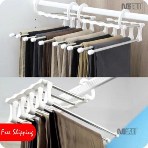 Stainless Steel Magic Trousers Rack Multifunctional Retractable Magic Hanger Hanging Pants Storage Rack