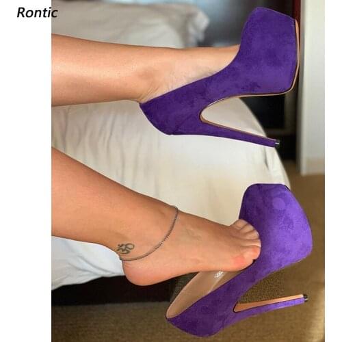 Rontic Handmade Women Platform Pumps Faux Suede Sexy Stiletto Heels Round Toe Gorgeous Purple Red Dress Shoes Women US Size 5-20