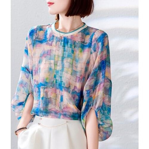 Summer Casual Women Fashion Print Shirt 100% Real Silk Vintage Tops Elegant O-neck Three Quarter Lantern Sleeve Loose Blouse