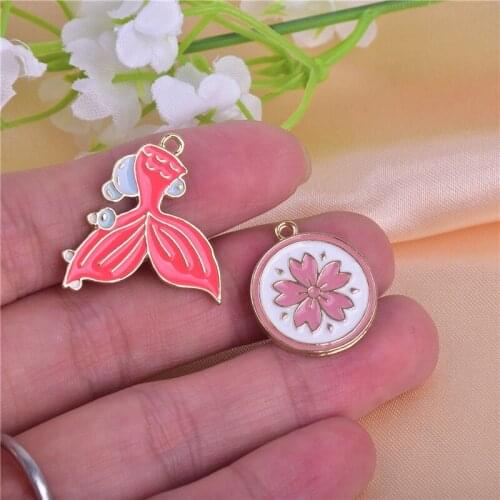 10pcs/pack Mermaid tail blossoms Flower Enamel Metal Charms Golden Base Earring Bracelet DIY Jewelry Making