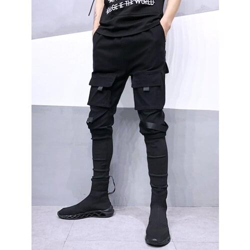 Free Shipping 2021 New Black Mens Trend Hip-hop Style Multi-pocket Stitching two-section Slim Feet Harem Pants Men Male