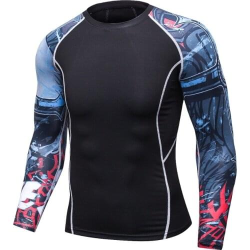 Add muscle male compression tight t-shirts long sleeve printed on both sides of MMA Rashguard fitness base layer weights to wear