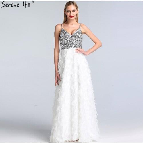Dubai White V-Neck Backless Luxury Evening Dresses 2020 Sleevleess Sequined Tiered Formal Dress Serene Hill LA60955