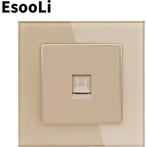 EsooLi Gold Crystal Glass Panel 1 Gang RJ45 Internet Jack CAT6 Connector Computer Outlet Wall Data Socket